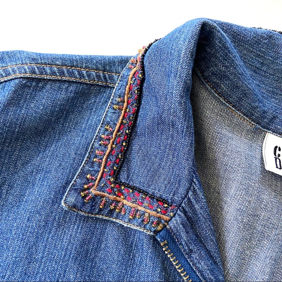 Vintage Chico’s Design Embellished Beaded Camel Cotton Zip Denim Shirt Jacket - Picture 4 of 10